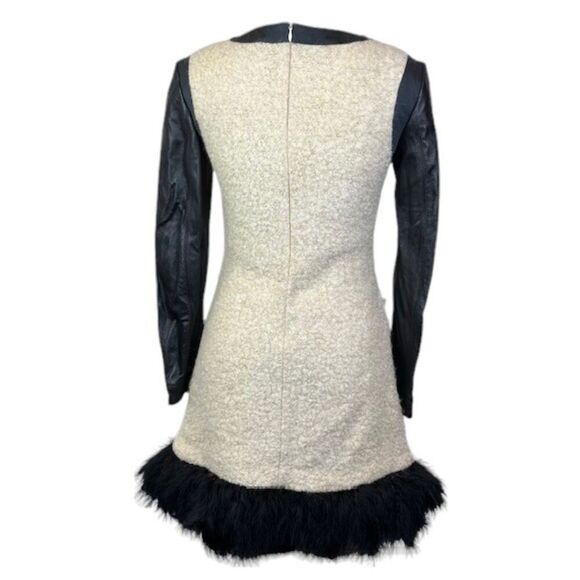Mixed Material Mini Dress Ghloe Faux Leather, Wool, and Feathers Zip Back Size 4 - Picture 6 of 15